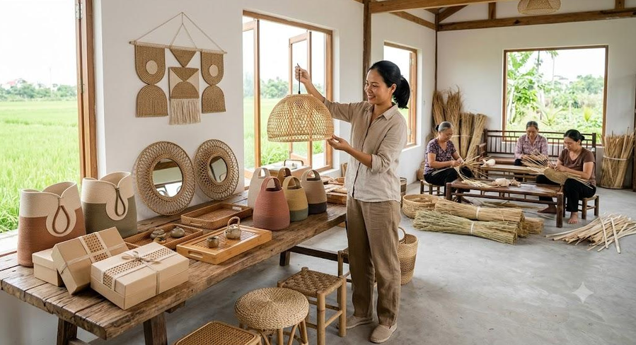 Khởi nghiệp từ nghề đan lát: Người phụ nữ 39 tuổi đưa tre, cói quê nhà vào không gian sống hiện đại