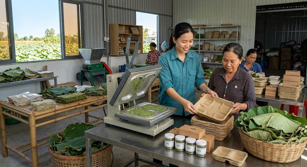 Khởi nghiệp với ý tưởng biến lá sen thành bao bì sinh học, nữ kỹ sư tạo sinh kế từ nguồn nguyên liệu bị lãng quên